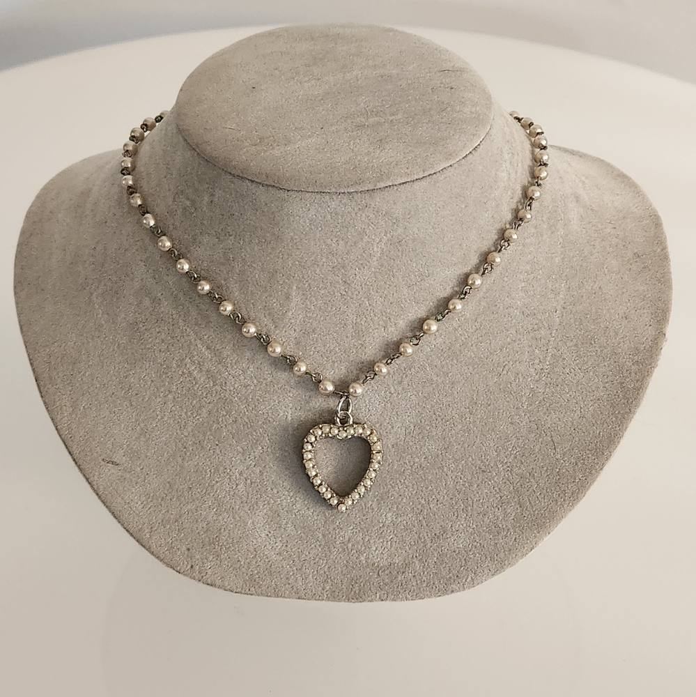 Vintage pearl open heart reversible necklace
